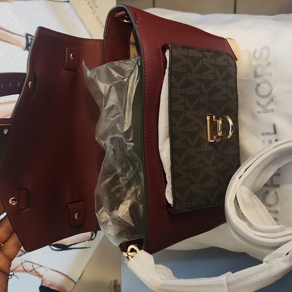Michael Kors Dark Cherry and Brown Signature Leather Satchel/Crossbody NWT - Picture 6 of 9